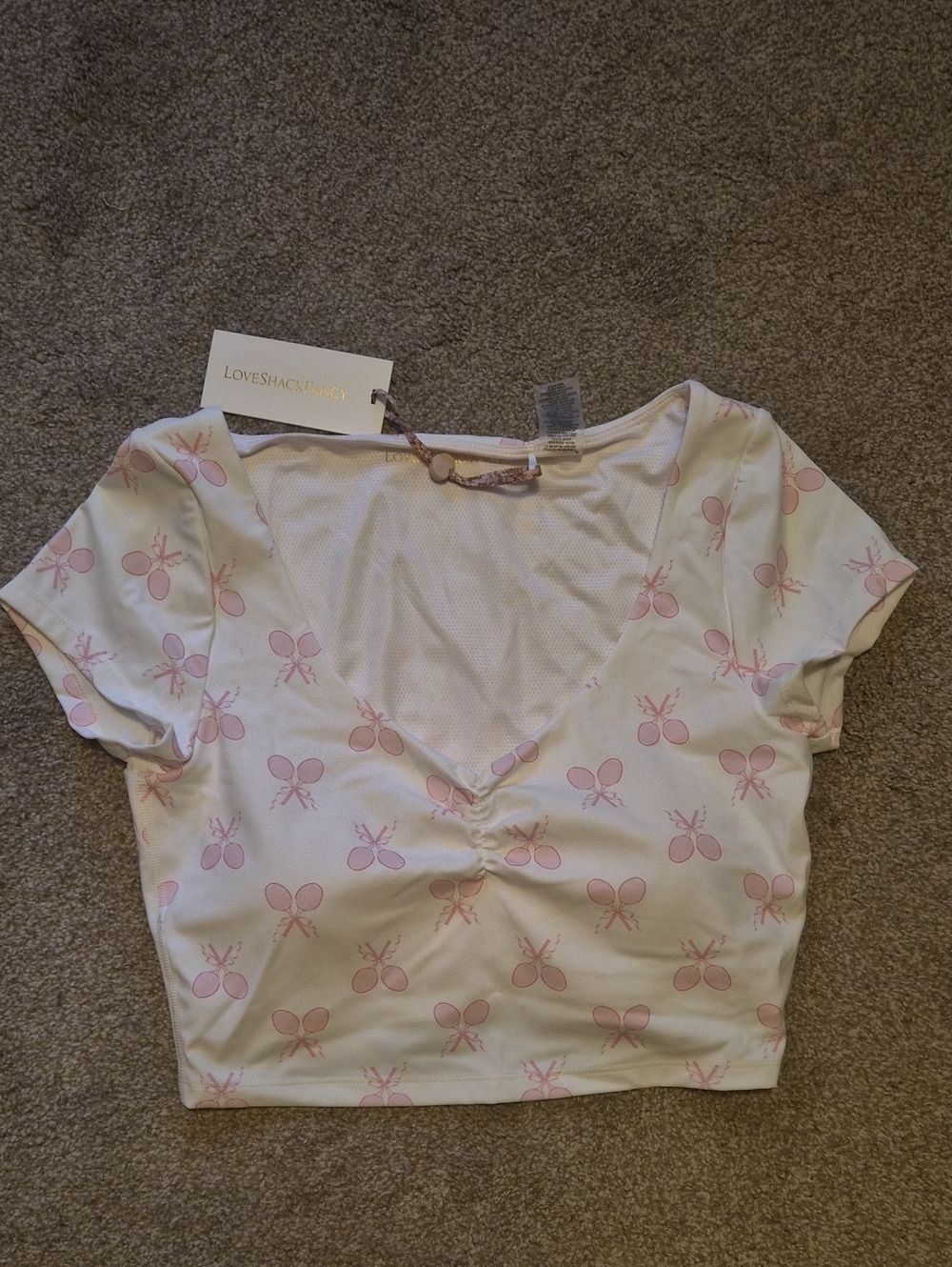 NWT LoveShackFancy White Crop Top with Pink Bow Print